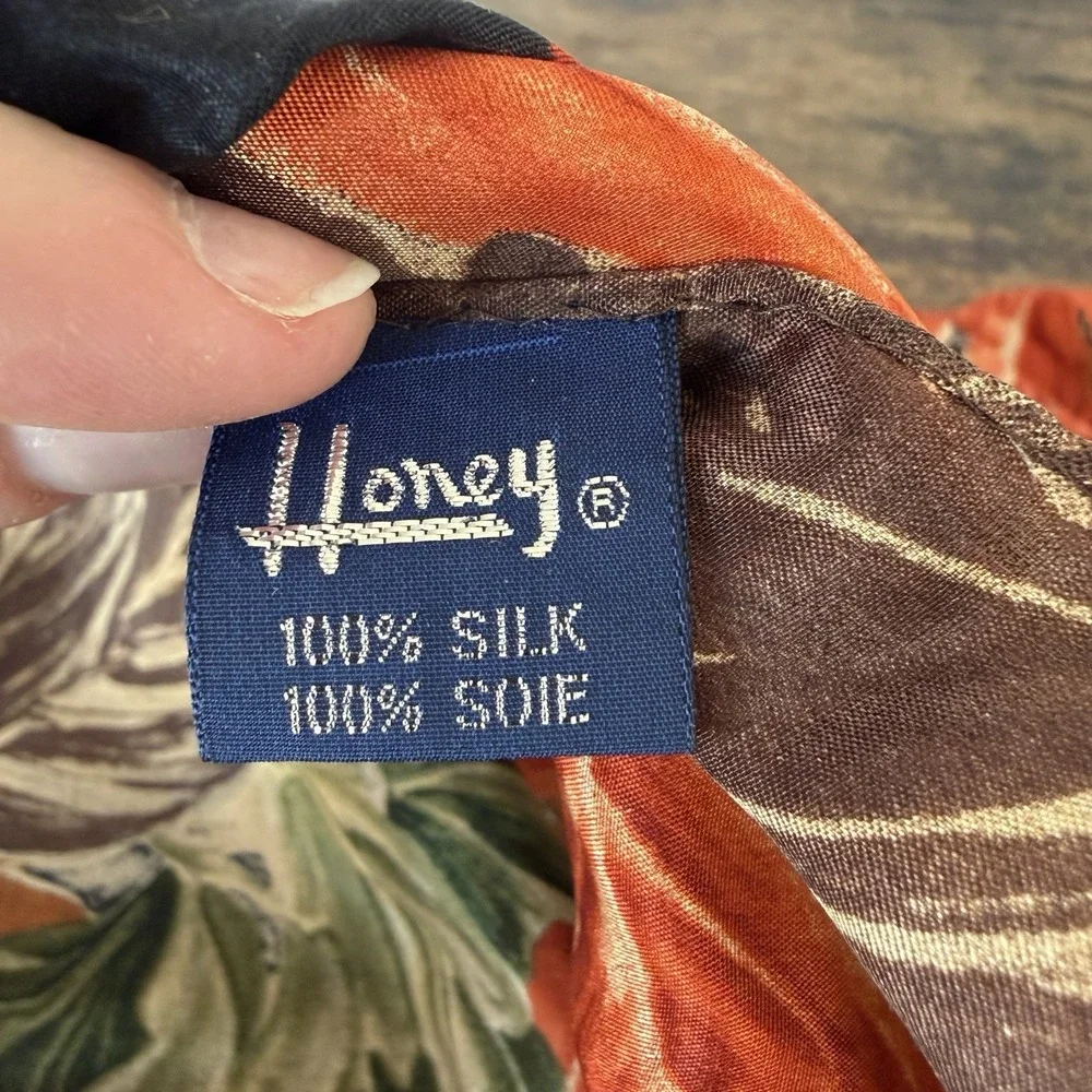Scarf Vintage Signed‎ Honey 100% Silk Orange Floral Print 80’s